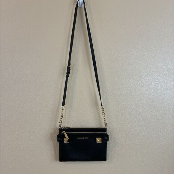Michael Michael Kors Karla East West Leather Crossbody Bag Black and Gold - Picture 2 of 10